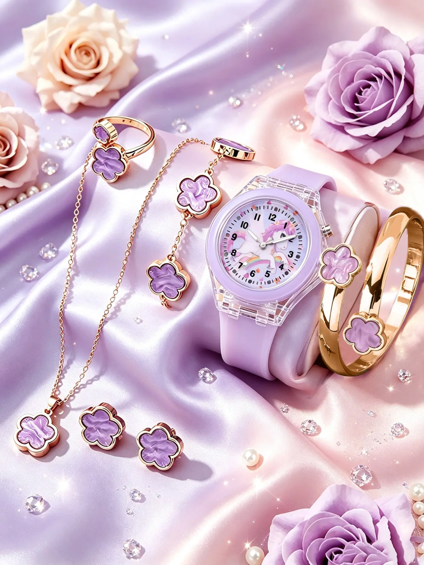 Cute Fashion Silicone Watch Set with Flower Bracelet Necklace Ring Earrings, Unicorn Pattern, Glow Design, Perfect Gift
