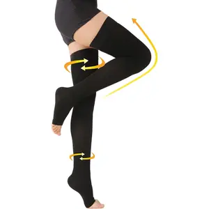Medical Thigh High Compression Stockings for Men & Women, Pair, Open Toe, 20-30 mmHg Graduated Compression Support Hose, Opaque, Best for Varicose Veins, Edema, Flight, DVT, Swelling, Black L