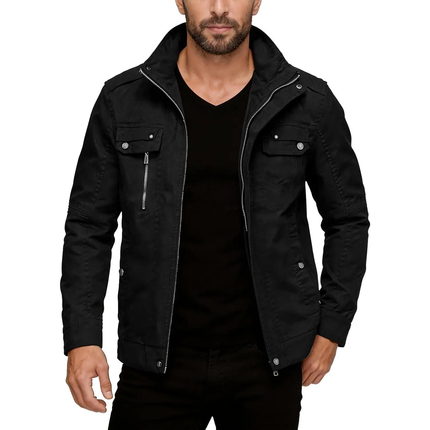 Men's Cotton Lightweight Military Jacket Casual Windbreaker | Stand Collar,5 Pockets,Windproof,Snap Cuffs,Spring Fall Daily Commute Work Outdoor Wear,Regular Fit,Versatile Outerwear(Gift)