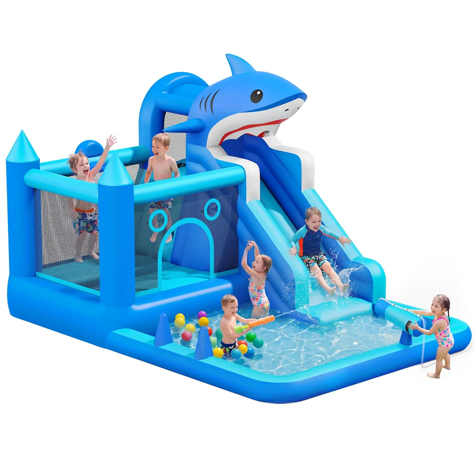 Shark Inflatable Water Bounce House with Slide Climbing Wall Basketball Hoop Splash Pool, Durable Kids Outdoor Water Park Bouncy Castle with Air Blower Wet Dry Use