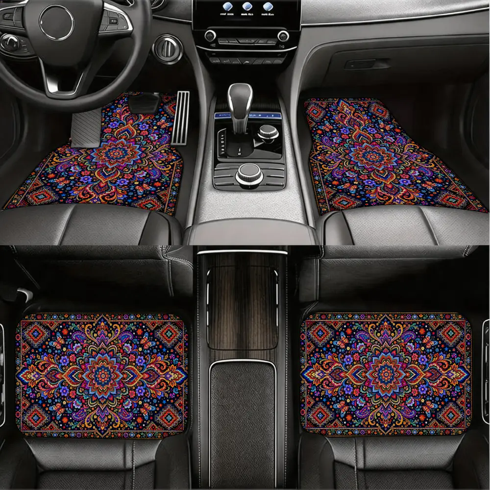 Bohemian Style, Car Floor Mats, Vibrant Mandala Pattern, Non-Slip Rubber Backing, Universal Fit For Sedans And Suvs, 4-Piece Set