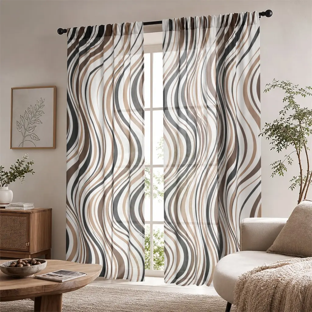 Modern Abstract Wave Pattern Curtains, Window Curtain, Sheer Curtain, Neutral Semi-Transparent Panels, Ideal for Living Room, Bedroom, Office, Hotel Decor
