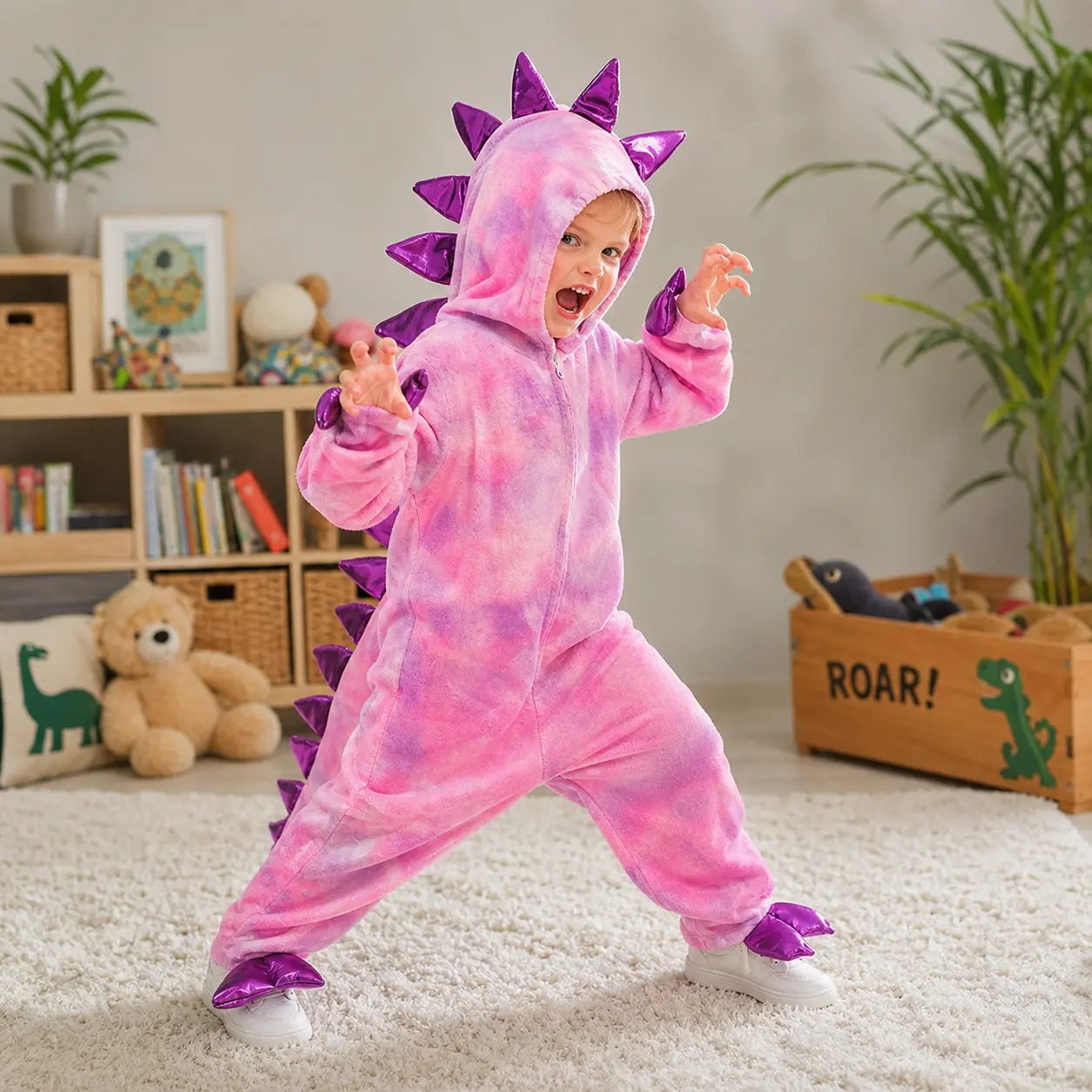 Kids' Cozy Dinosaur Hooded Onesie Pajamas - Cute Prehistoric Dino Halloween Costume for Boys, Roaring Animal 1-Piece Sleepwear for Stage Performance & School Play, All Seasons, Costume Wear, Loose Silhouette, One-Piece Suit