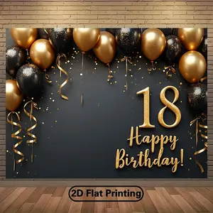 Black Gold Balloon 18th Birthday Backdrop Celebration Party Backdrop Luxury Theme Background Cloth Birthday Tapestry Wall Hanging Photography Background Polyester Fiber Party Event Studio Photo Booth Decor Studio Prop Wall