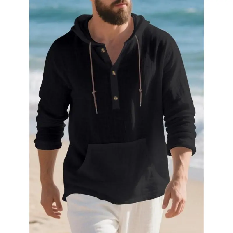 Men's Spring Autumn Linen Hooded Pullover Sweatshirt, Kangaroo Pocket, Sustainable Fashion, Comfortable & Eco-Friendly Daily Wear