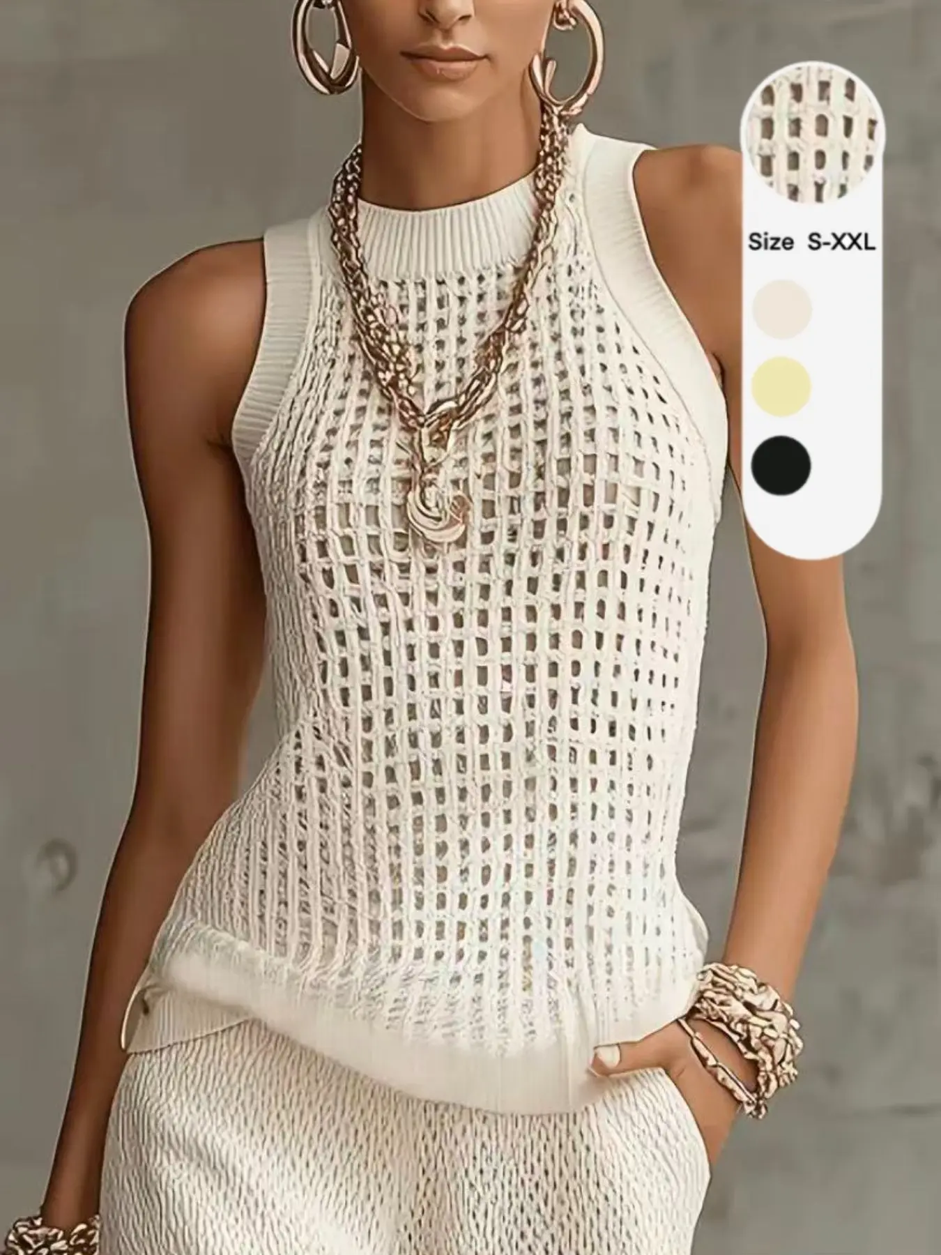 Women's Hollow Out Knit Vest, Summer New Style Vacation Wear, Thin Sleeveless Top, Vintage Design, Elegant and Chic Knitted Jacket