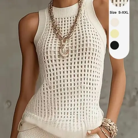 Women's Vintage Design Hollow Out Knit Vest, Summer Vacation Wear, Thin Lightweight Casual Sleeveless Top, Elegant and Chic Knitwear