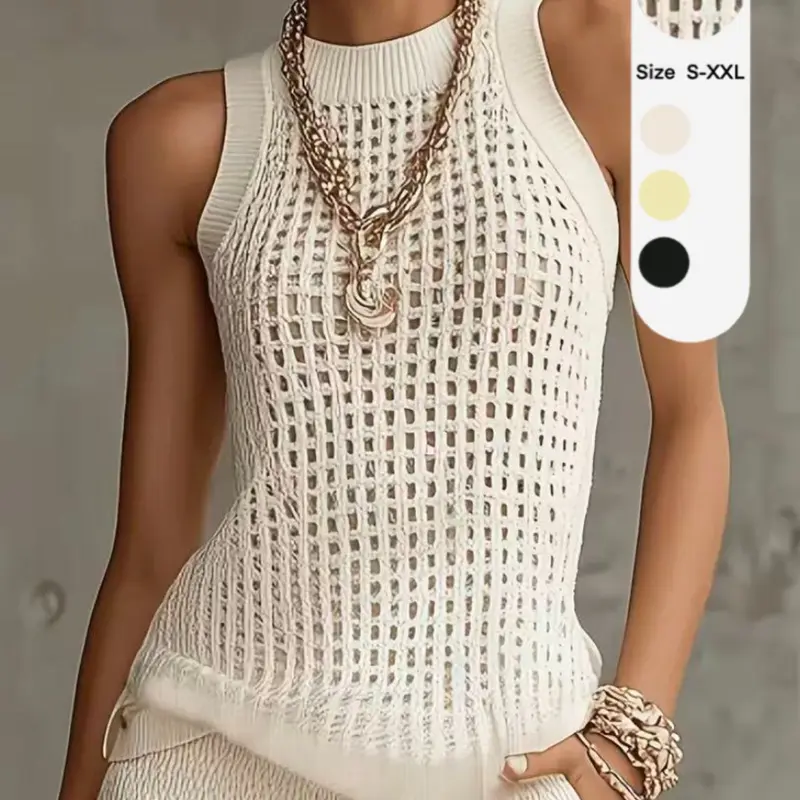 Women's Vintage Design Hollow Out Knit Vest, Summer Vacation Wear, Thin Lightweight Casual Sleeveless Top, Elegant and Chic Knitwear