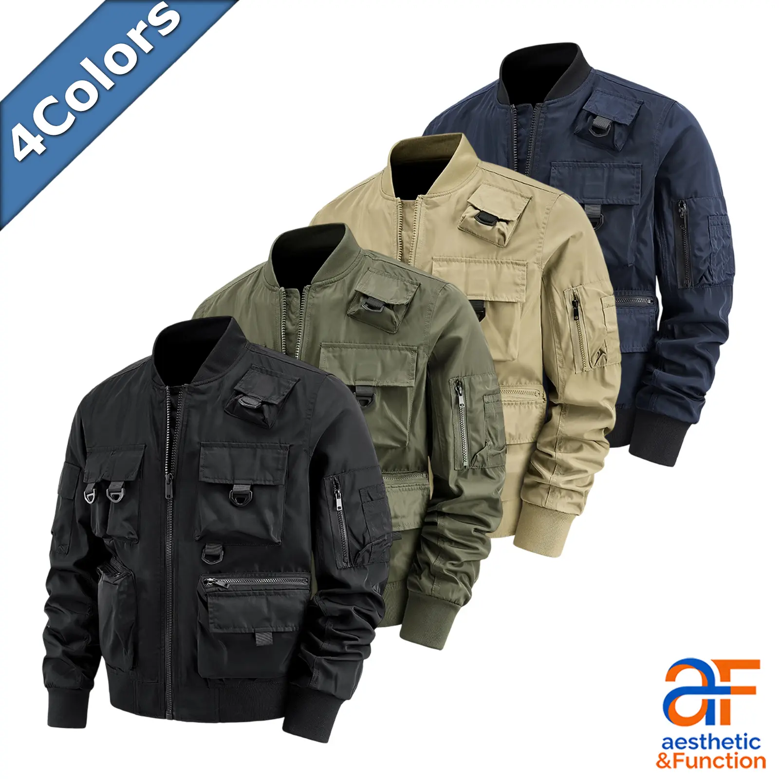 Men's Tactical Bomber Flight Jacket, Full-Zip Windbreaker with Multiple Pockets & D-Ring Accents for Streetwear, Available in 4-Colors, Do Not Dry Clean, Arm Pocket, Cargo, Casual, Tops, Menswear, Coats, Utility, Aesthetic long sleeve menswear top, Solid