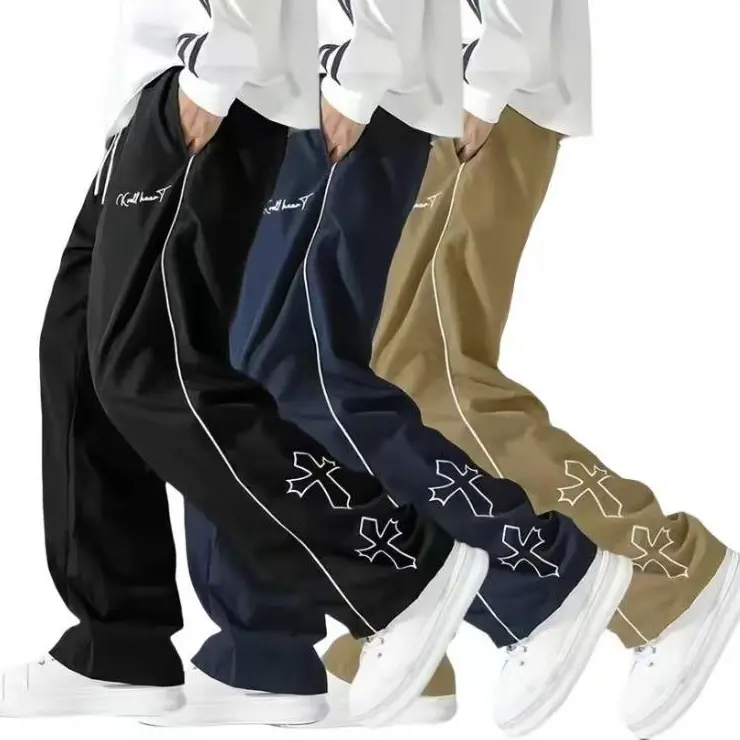 Men's Gothic Cross Embroidery Sweatpants Y2K Grunge Streetwear Baggy Track Pants Casual Loose Fit Straight Leg Joggers Contrast Side Piping Stripes Script Embroidered Pocket Elastic Waistband With Drawstring Retro Hip Hop Athletic cozy soft clean 3-Colors