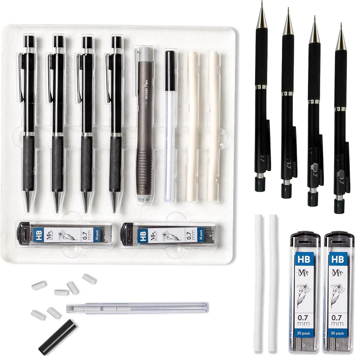 Minimalist 0.7mm Black Metal Mechanical Pencil Set with Case - 2 x 30x HB Lead Refills, Eraser Pen with Refills - Ideal for Sketching, Drafting (Graduation Day, Mother's Day Gifts)