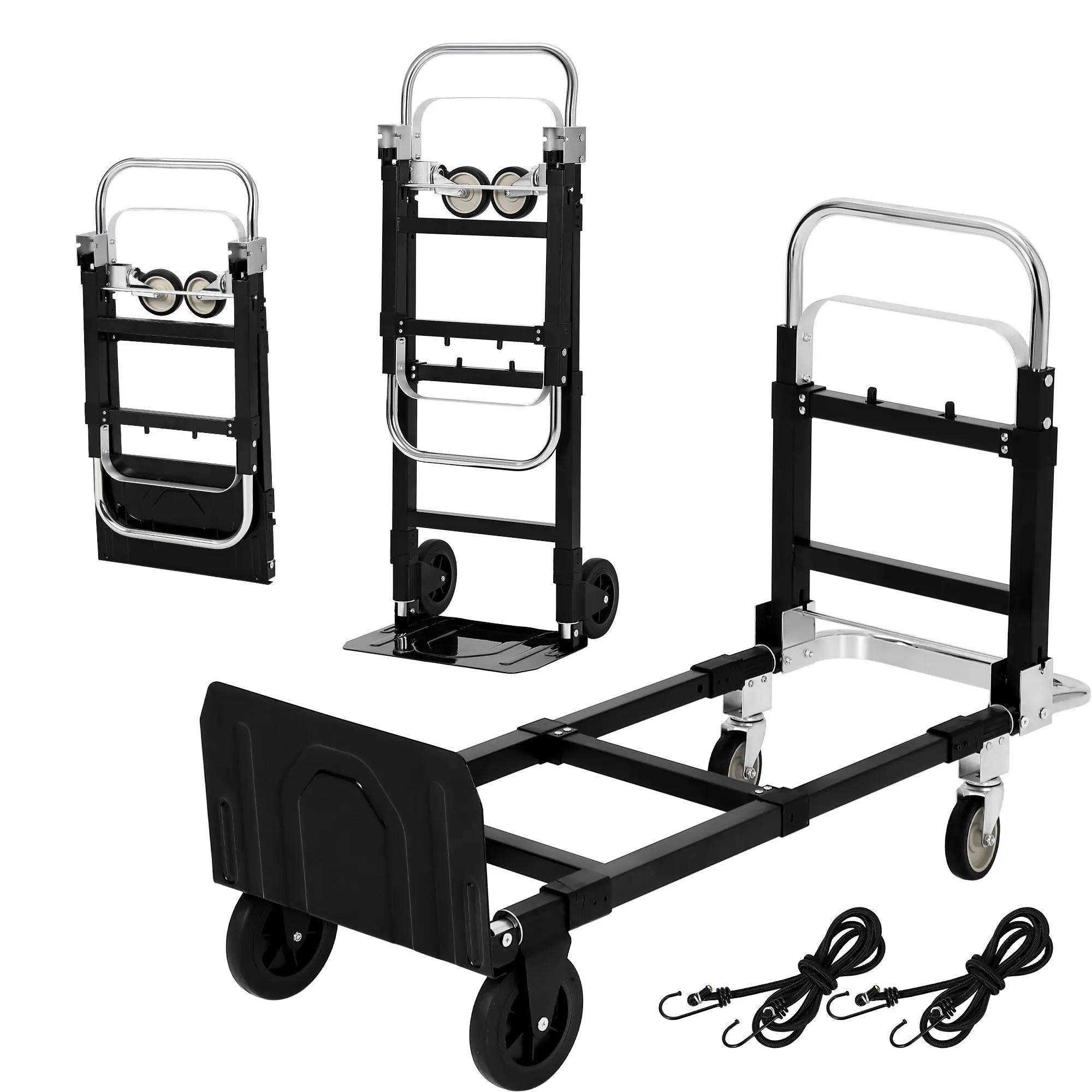 GARVEE 2‑in‑1 Convertible Hand Truck Dolly, 220 LBS Heavy‑Duty Carbon‑Steel Folding Cart with Wheels & Elastic Straps, Portable Dolly for Home, Warehouse, Supermarket & Office