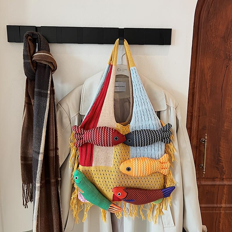 2026 New Niche Versatile Fashion Patchwork Personality Fish Handbag Knitted Tote Bag for College Students, Large Capacity Women's Bag for Class and mute