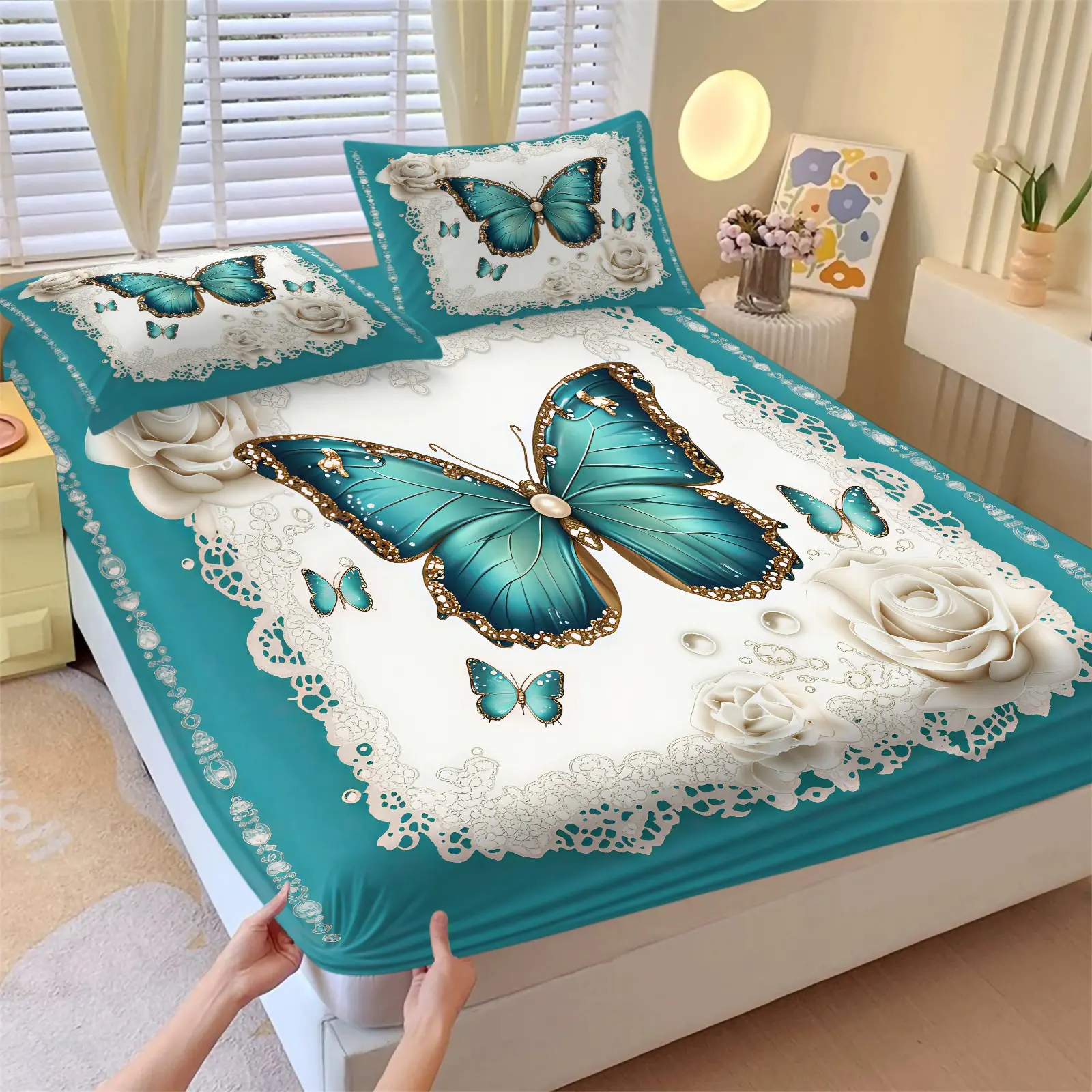 Butterfly & Rose Printed Fitted Sheet 3-Piece Set, with 2 Pillowcases, Elegant Romantic Style Teal Blue Butterfly White Rose Pattern, Deep Pocket Soft Microfiber Butterfly Sheet Twin Size for Girls Boys Kids and Teens Floral Bed Sheets