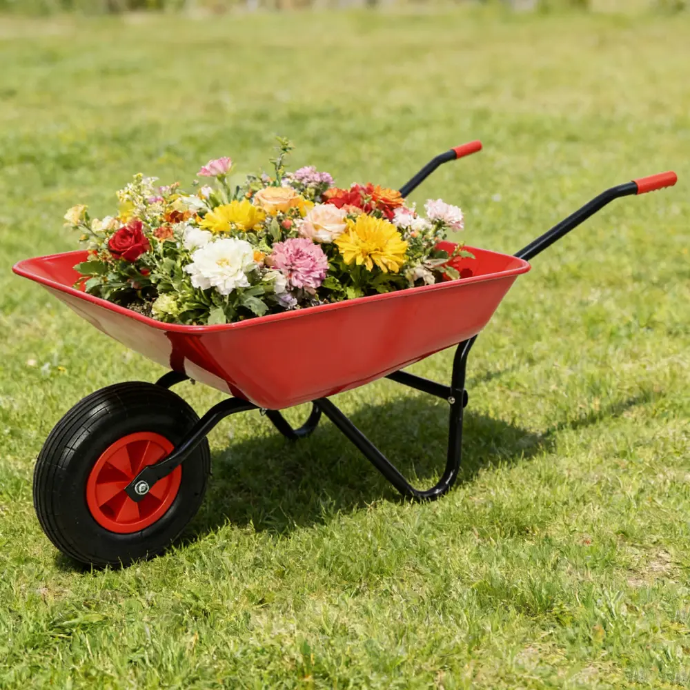 Heavy Duty Steel Wheelbarrow Utility Wagon - 12-In Pneumatic Tire, Red Rectangular Tray, Outdoor Transport Tool for Yard Work, Landscaping