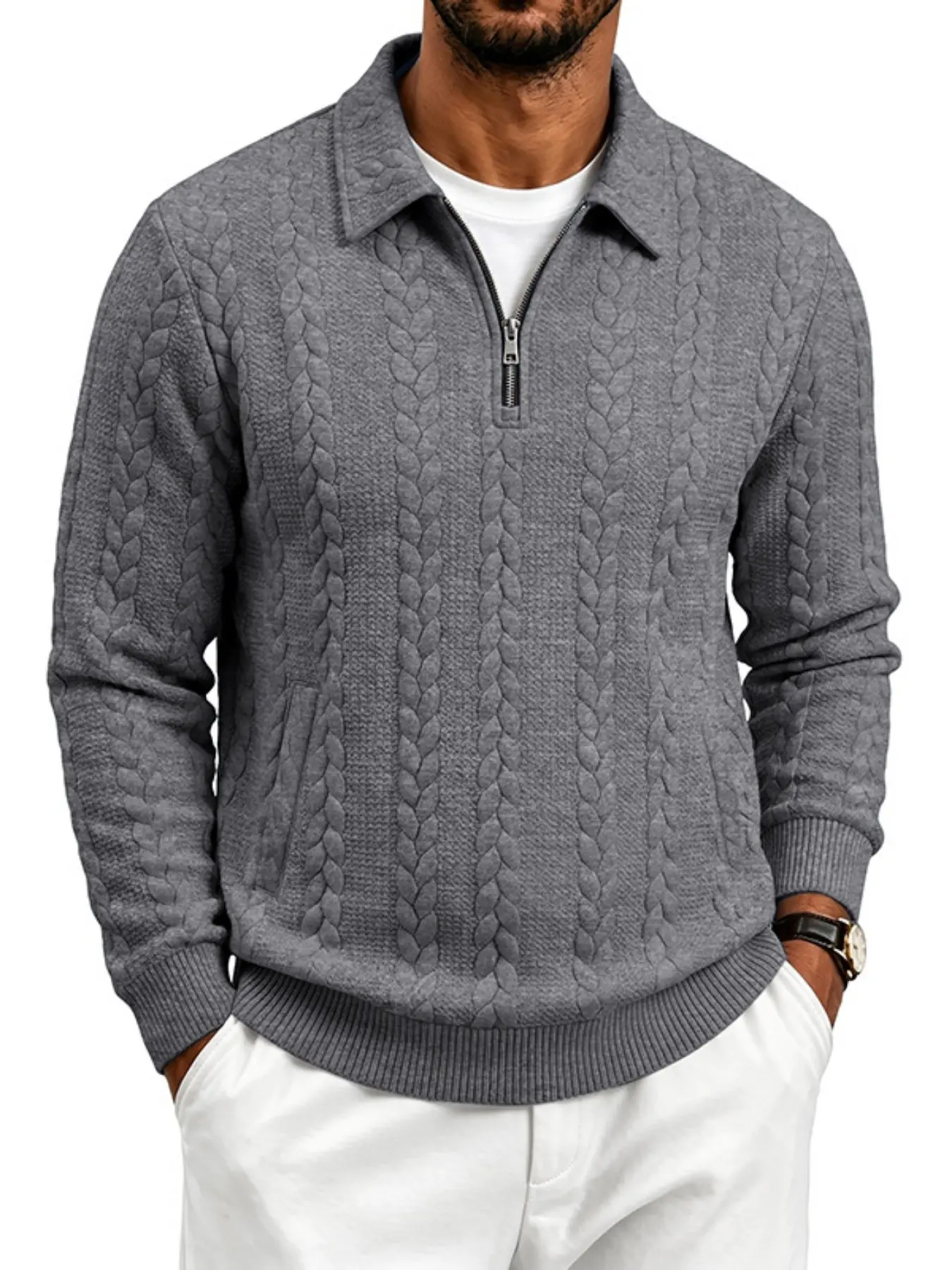 Men's Heavyweight Knit Sweater with Half-Zip Lapel, Side Pockets, Long Sleeve, Loose Fit, Casual Fall Winter Top, Multiple Colors Available