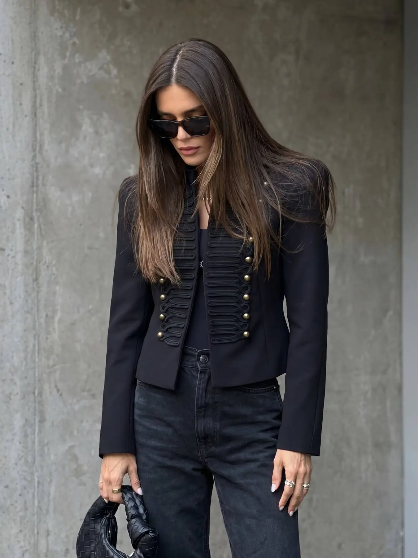 Black Structured Shoulder Pad, Long sleeve Military Band Cropped Blazer, Vintage Gothic Stand Collar Gold Button Fitted Jacket, Y2K Tailored Coat for Date Night, Party, Aesthetic