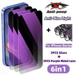 6-in-1[3pcs Anti-Blue Light Privacy Screen Protector+3pcs Purple Metal Lens] For iPhone 17 Air/17 Pro Max/17 Pro/17/16E/16/15/14/13/12/11/13 Mini/12 Mini,9H+ Hardness,Scratch Resistance,Anti-Spy,Protect Eyes,Protective,Upgraded Edge Protection
