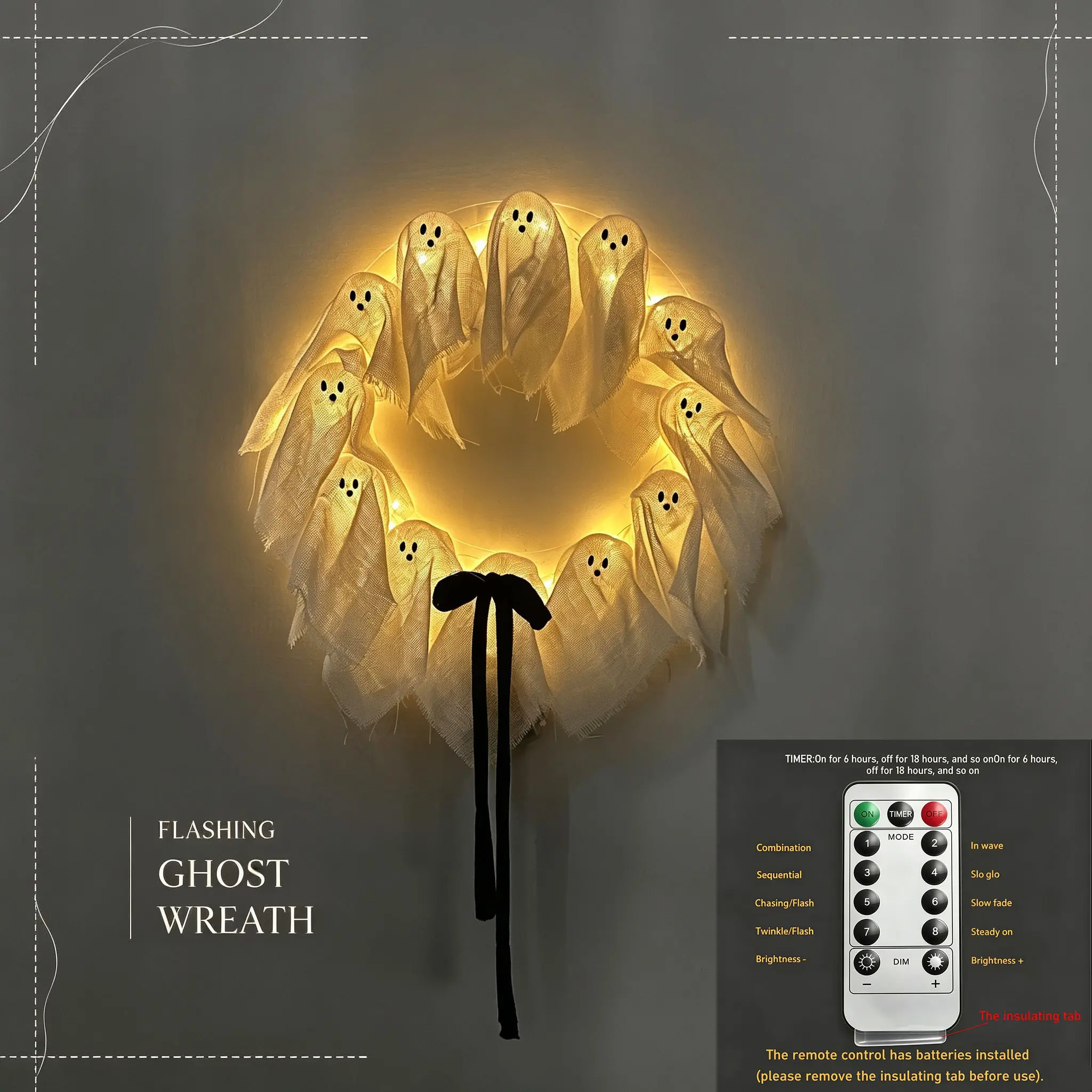 A Halloween glowing ghost wreath, a Halloween ghost gang knocking on the door, a cute yet thrilling Halloween home door and window decoration pendant, a handicraft that easily creates a Halloween atmosphere
