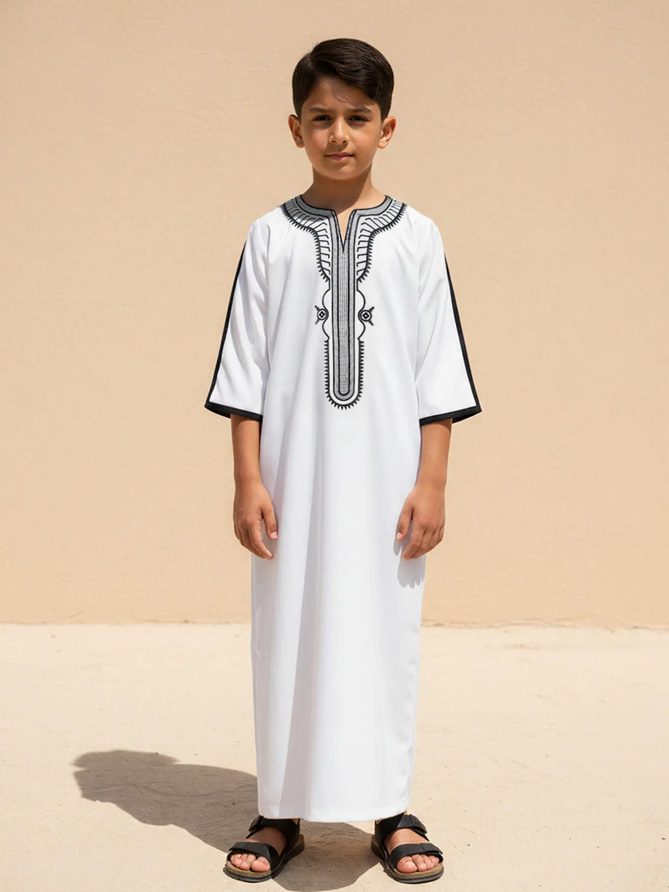 Moroccan Style Embroidered Boy's Thobe, V Neck Three Quarter Sleeve Design, Side Pockets, Suitable for Daily Wear, Formal Events, Holidays