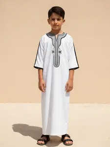 Moroccan Style Embroidered Boy's Thobe, V Neck Three Quarter Sleeve Design, Side Pockets, Suitable for Daily Wear, Formal Events, Holidays