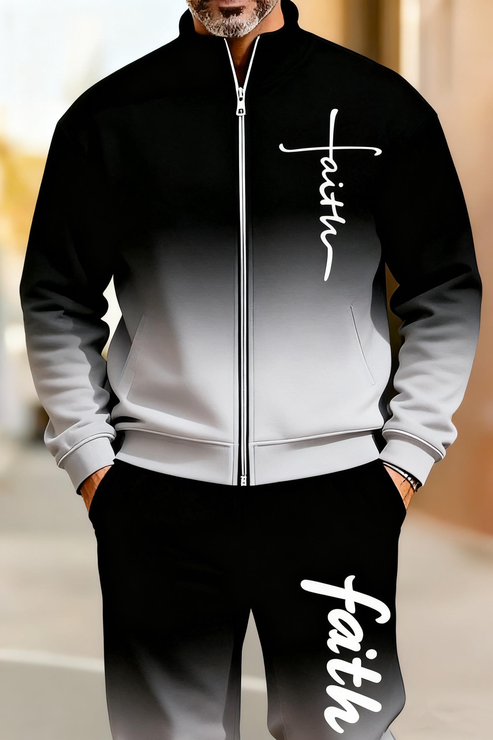 Men's fashionable and casual sportswear featuring a gradient digital print, including a stand-up collar cardigan jacket and pants, making it a two-piece set suitable for daily casual wear and trendy gradient sportswear series, Sporty Style Breathable Acti