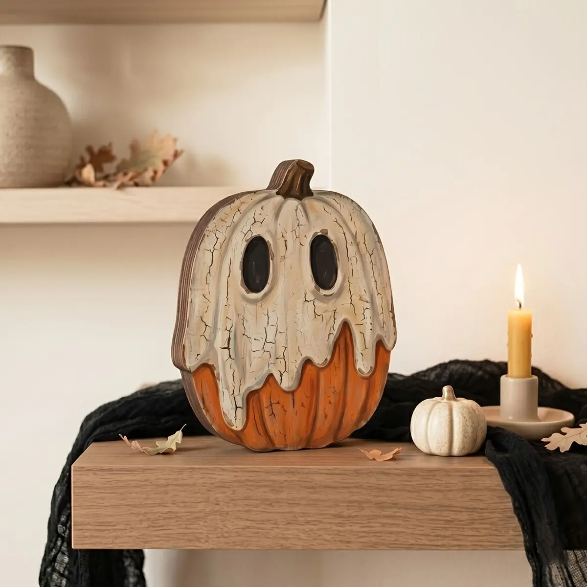 6 Vintage Halloween Wooden Block Decorations, Rustic Pumpkin Ghost Cat Owl Skull Witch Shelf Decor, Fall Fireplace Table Indoor Halloween Ornaments