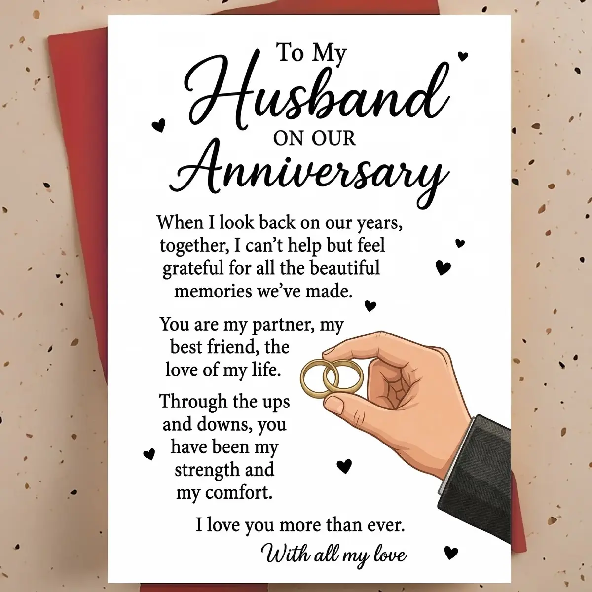 Romantic Wedding Anniversary Card for Husband, Elegant Couple Hand Design, Heartfelt Message, Thoughtful Keepsake, Warm Color Palette