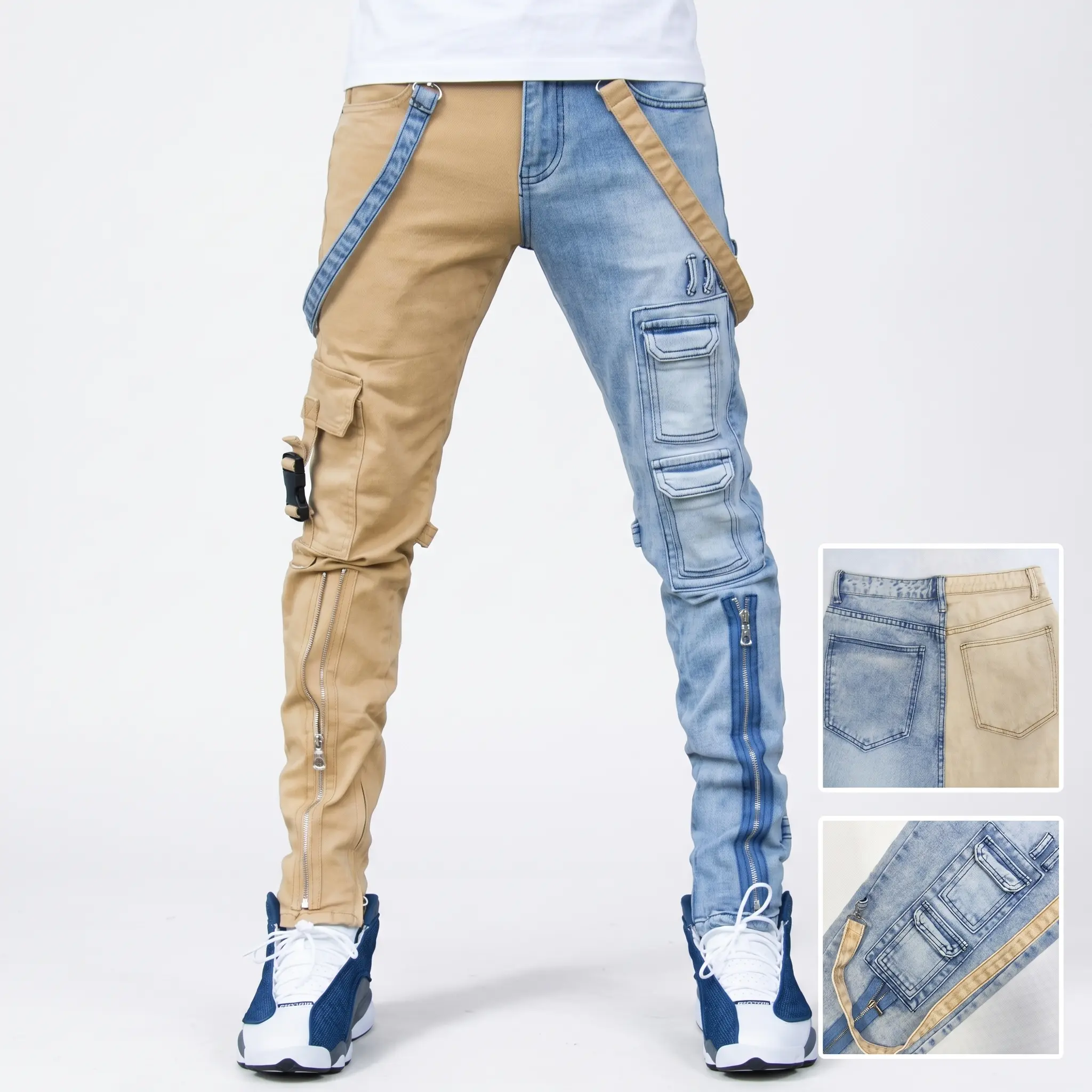 Men's Streetwear Cargo Jeans - Slim Fit, Stretchy Denim Pants with Colored Patchwork, Side Zippers, Detachable Strap | Menswear, Casual Fashion Men's Jeans Beige Khaki And Blue, Colored Patch Men's Jeans
