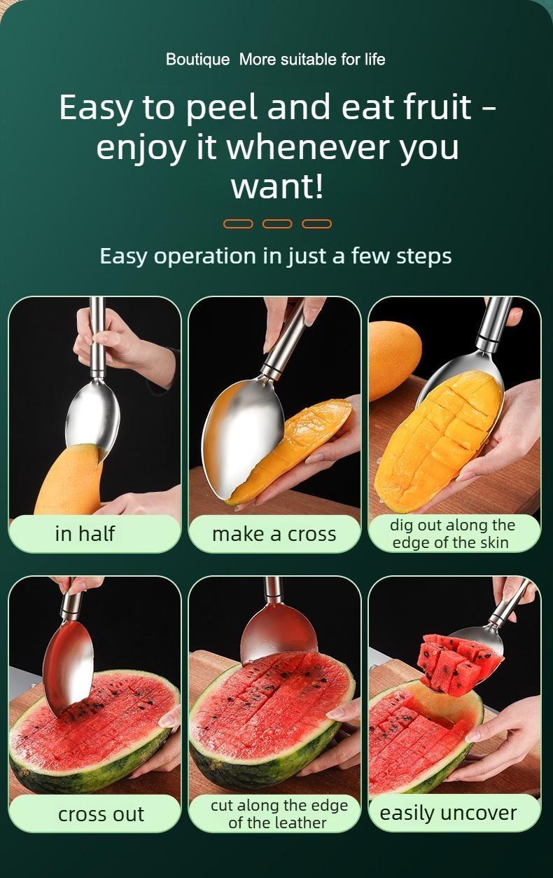 Mango peeler, avocado slicer, watermelon flesh remover, stainless steel scooping knife, fruit peeler.