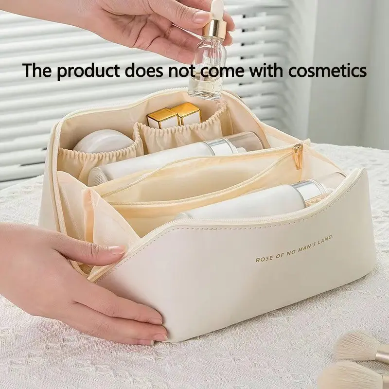 Large Capacity Travel Makeup Bag, Expandable Cosmetic Storage Bag with Zipper Compartments, Travel Makeup Pouch, PU Leather, Ideal for Women, Gym, Business Trips, Vacations, Cosmetic Travel Bags