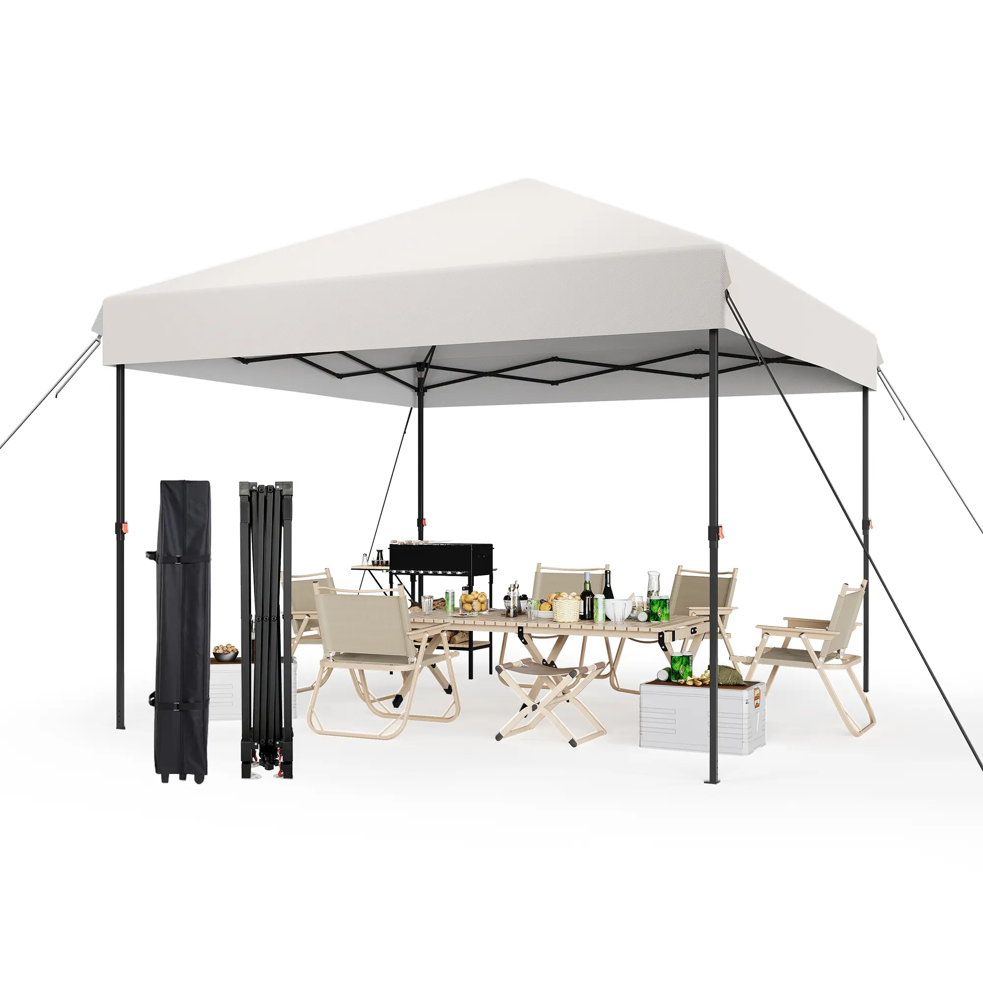 Heavy Duty 10x10ft Straight Leg Pop Up Canopy Tent - 210D Oxford Fabric Top, Sun Protection UV-Resistant, 1-Button Push Setup, 3 Adjustable Heights, Rust-Proof Frame, Roller Bag, Weight Bags, Stakes, Guy Ropes - Outdoor Patio, Backyard