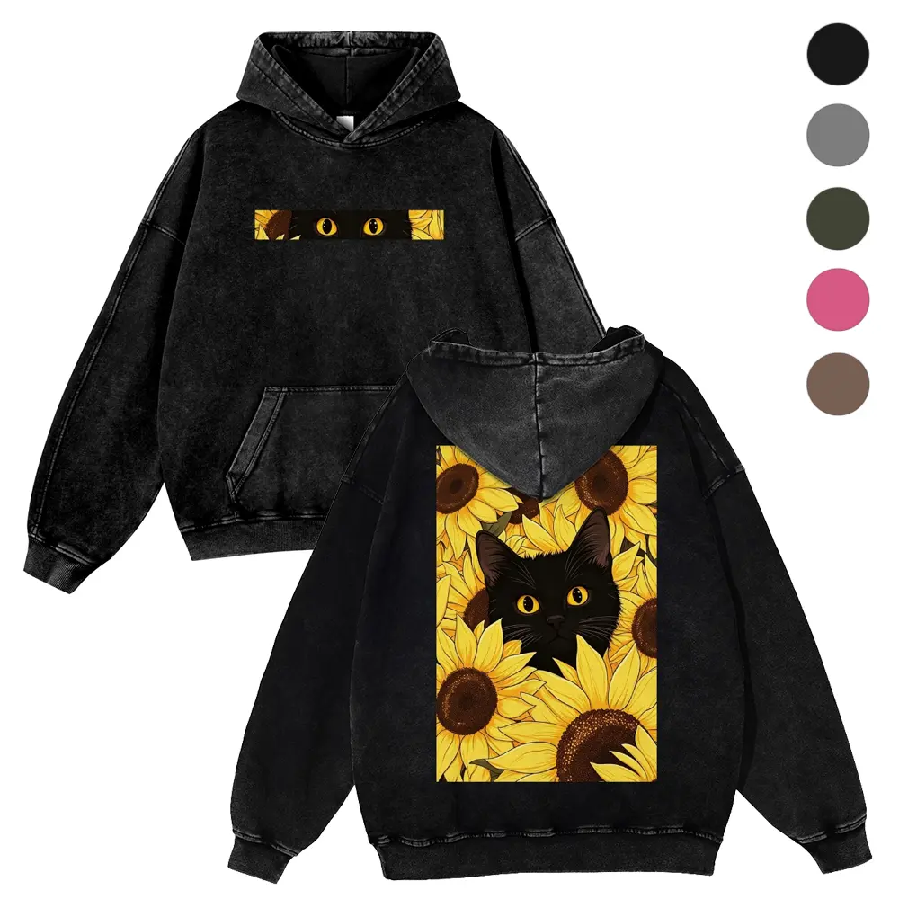 Men's DTG Print Hoodie, 380g Vintage Washed Tops with Black Cat & Bright Sunflower Full Front-Back Graphic, Autumn Fabric Fit Sweatshirt, Versatile for Spring Pairing with Jeans, Casual, Cotton, Long Sleeve, Oversize, Cotton Blend, Menswear, Soft, Thick,