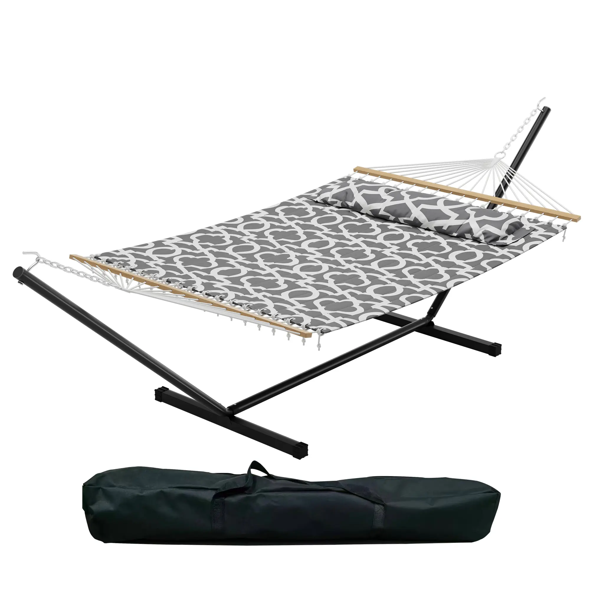 2 Person Hammock with Stand, 57" Widened Double Hammock, Portable Outdoor Indoor Cotton Hammock with Heavy Duty Steel Frame, 450 LBS Capacity for Backyard, Camping, Garden
