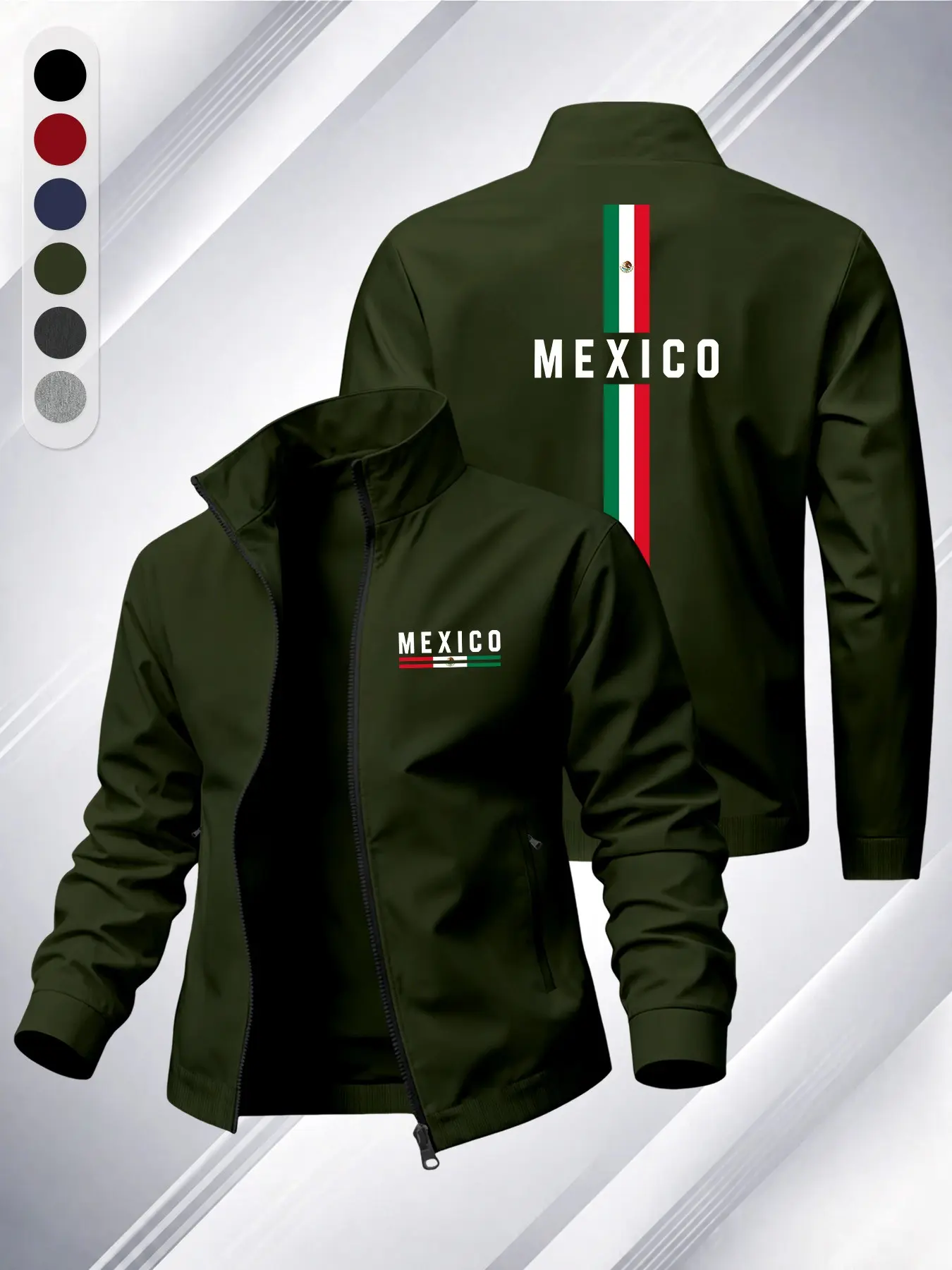 Men's Mexico Stand Collar Jacket, Unique Print Casual Sports Top, Smooth Zipper Closure, Side Pocket Design, Loose Fit, Daily Wear, Fashion Jacket