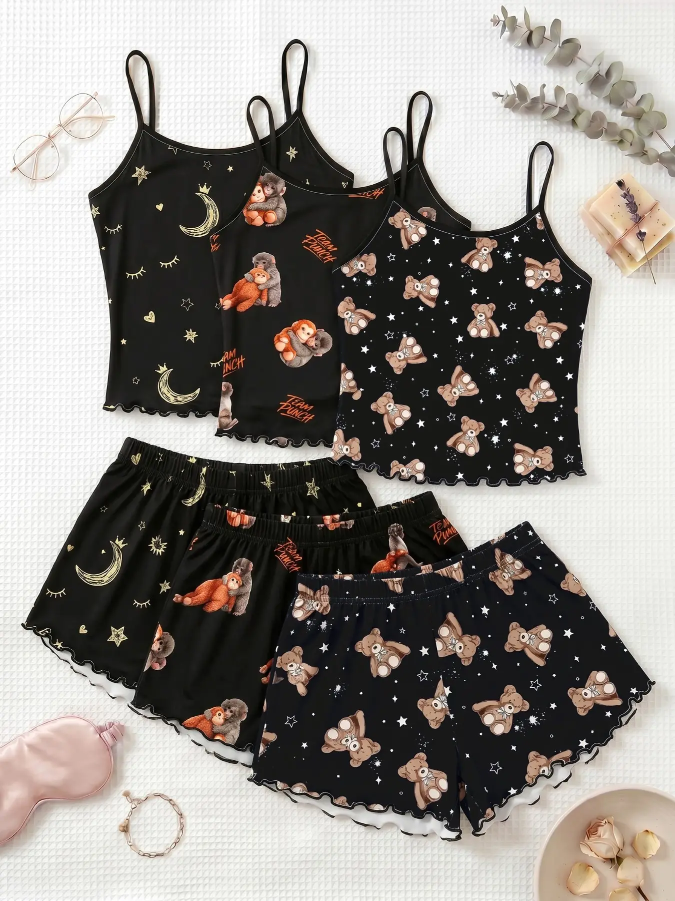 3-Piece Pajama Set, Cute Bear Animal Print, Sleeveless Spaghetti Strap Tank Top + Shorts, Women's Sleepwear & Loungewear, Comfortable Home, All Seasons