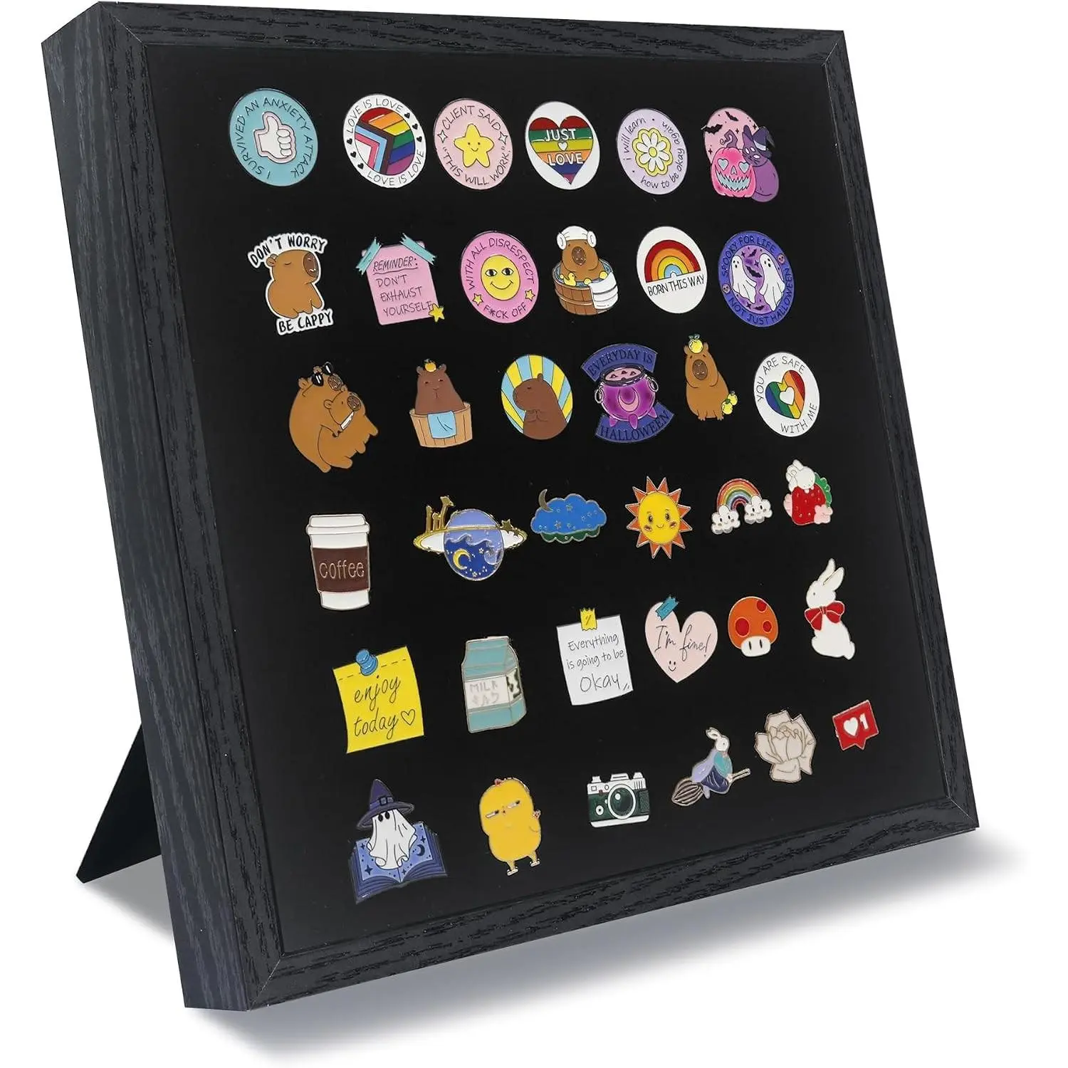 11x11 Enamel Pin Display Case, Pin Collection Display Frame with Real Glass, Shadow Box for Wall and Tabletop, Pin Holder Black