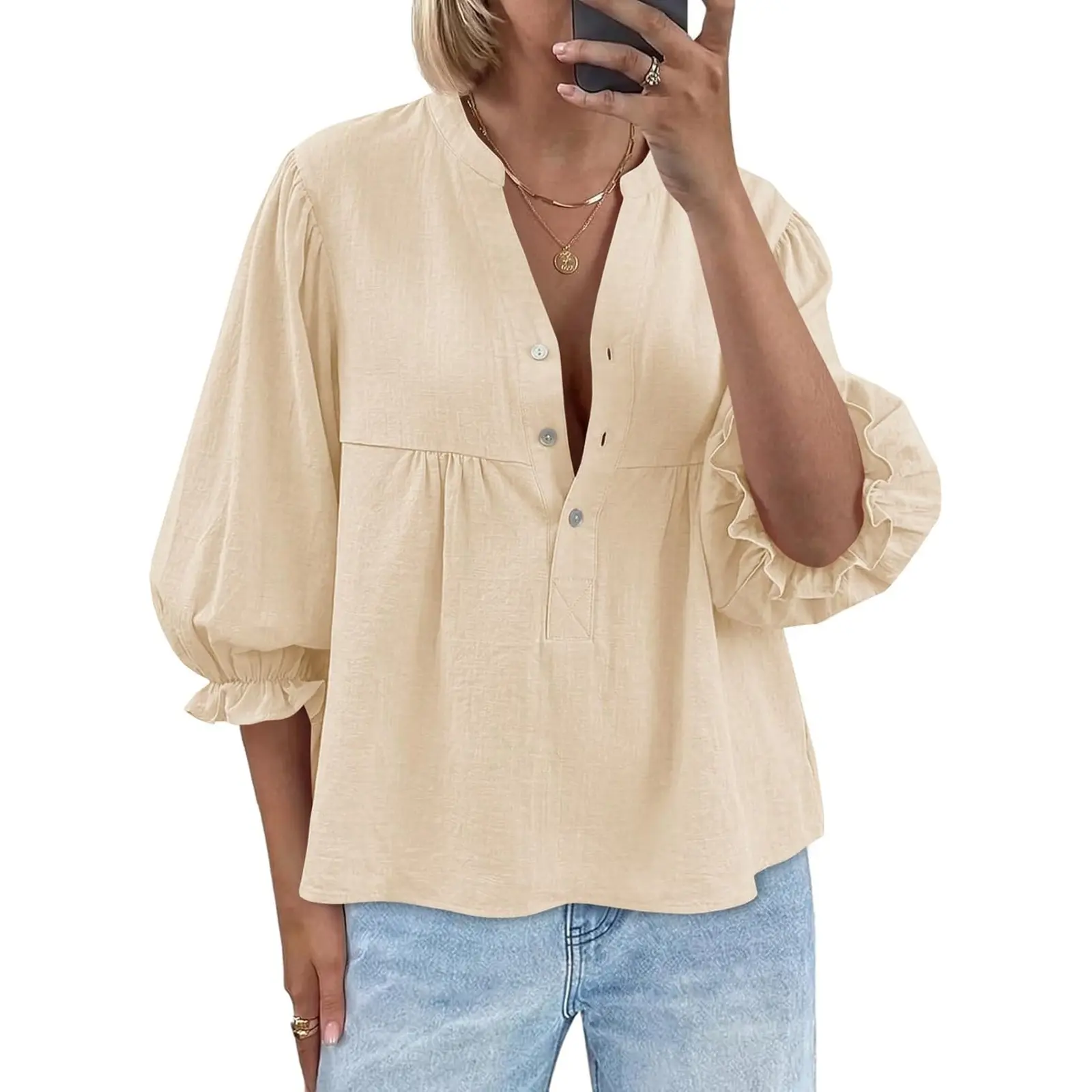 Tankaneo Womens Puff Sleeve Babydoll Tops V Neck Button Down Blouse Cute Casual Loose Fit Flowy Shirts