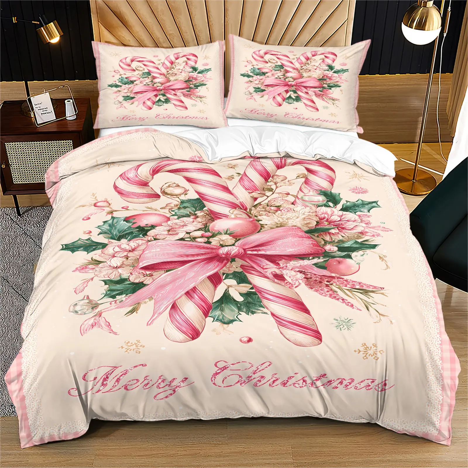 Pink Candy Cane Bow Floral Christmas Duvet Cover Set, Holiday Bedding Set, Soft Bedding Sets, Soft Microfiber, HD Fade-Resistant Digital Print, Hidden Zipper & Corner Ties, Machine Washable, Includes 1/2 Pillowcases - without Core Festive Bedroom Decor
