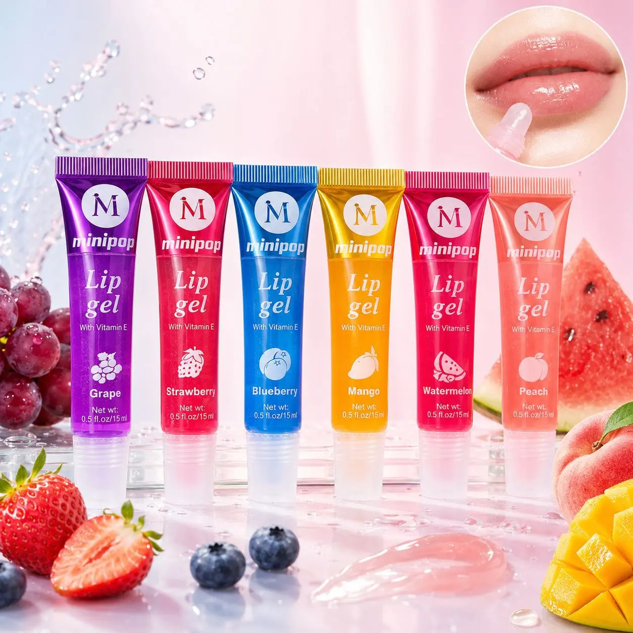 Minipop Fruit Lip Gel Gloss, Infused Vitamin E Hydrating Lip Plumper Oil, 6 Kinds Fruit Flavor Clear Shiny Lip Gloss, Moisturizing Transparent Lip Balm for Dry Lips, Long Lasting Glossy Lip Makeup for Women Teen Girls 15ml