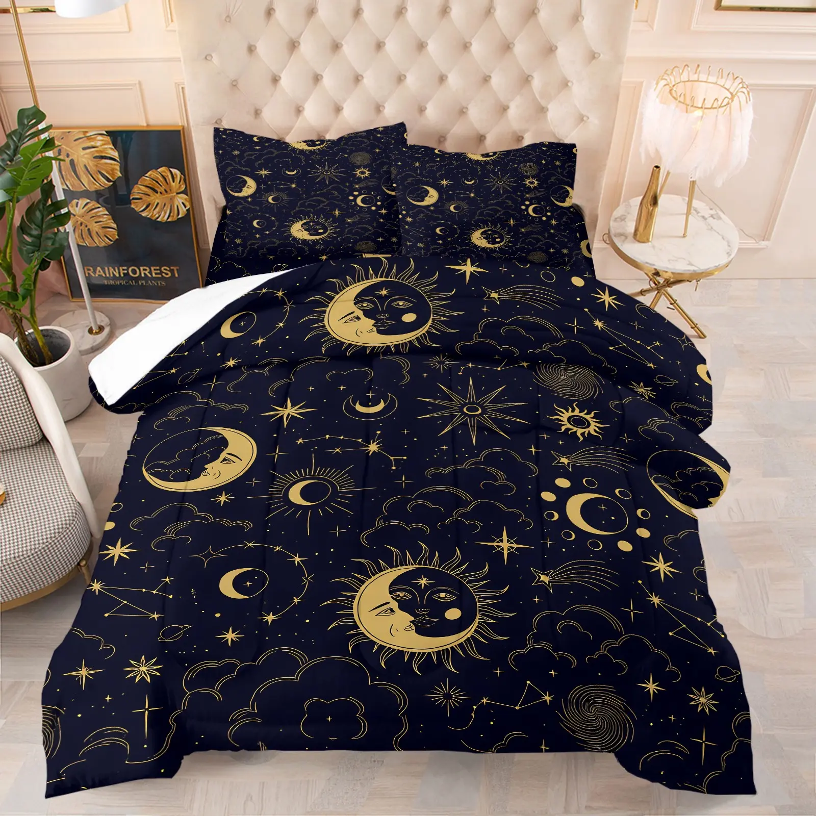 intage Golden Sun Moon Cloud Star Astrology Comforter Bedding Set, 1 Comforter + 1-2 Pillowcases, HD Digital Printed, Soft Comfortable Skin-Friendly Washable Fabric, Elegant Celestial Starry Night Bedroom Decor All Season Quilt