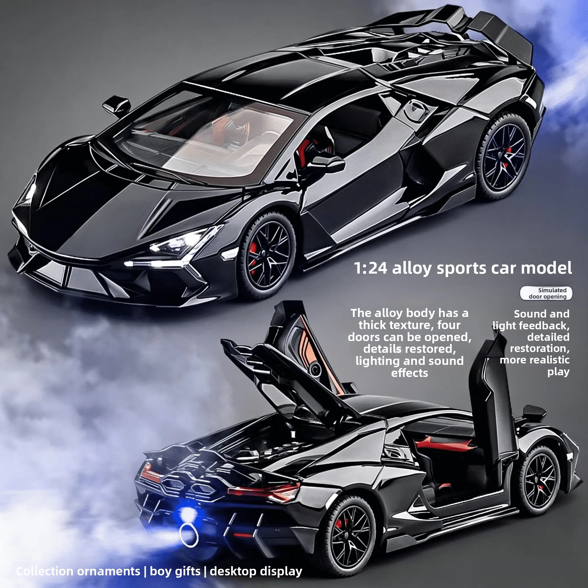 New 1:24 Cool Lamborghini Model Car, Spray Design, Scissor Door Opening, Flashing Lights, High Detail, Kids Toy Car, Collectible Alloy Race Car, Gift Idea