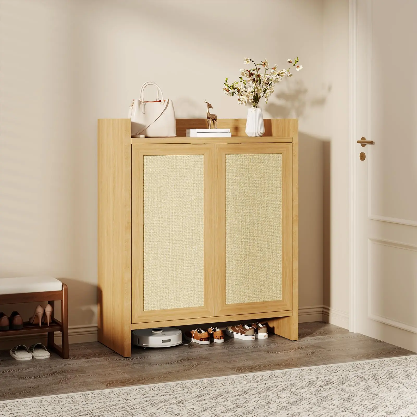 Garvee Rattan Narrow Entryway Shoe Cabinet, Freestanding Wooden Shoe Storage Rack with Doors & Adjustable Shelves, Guardrail Tabletop Shoe Organizer, Versatile Storage Furniture for Hallway, Living Room & Closet