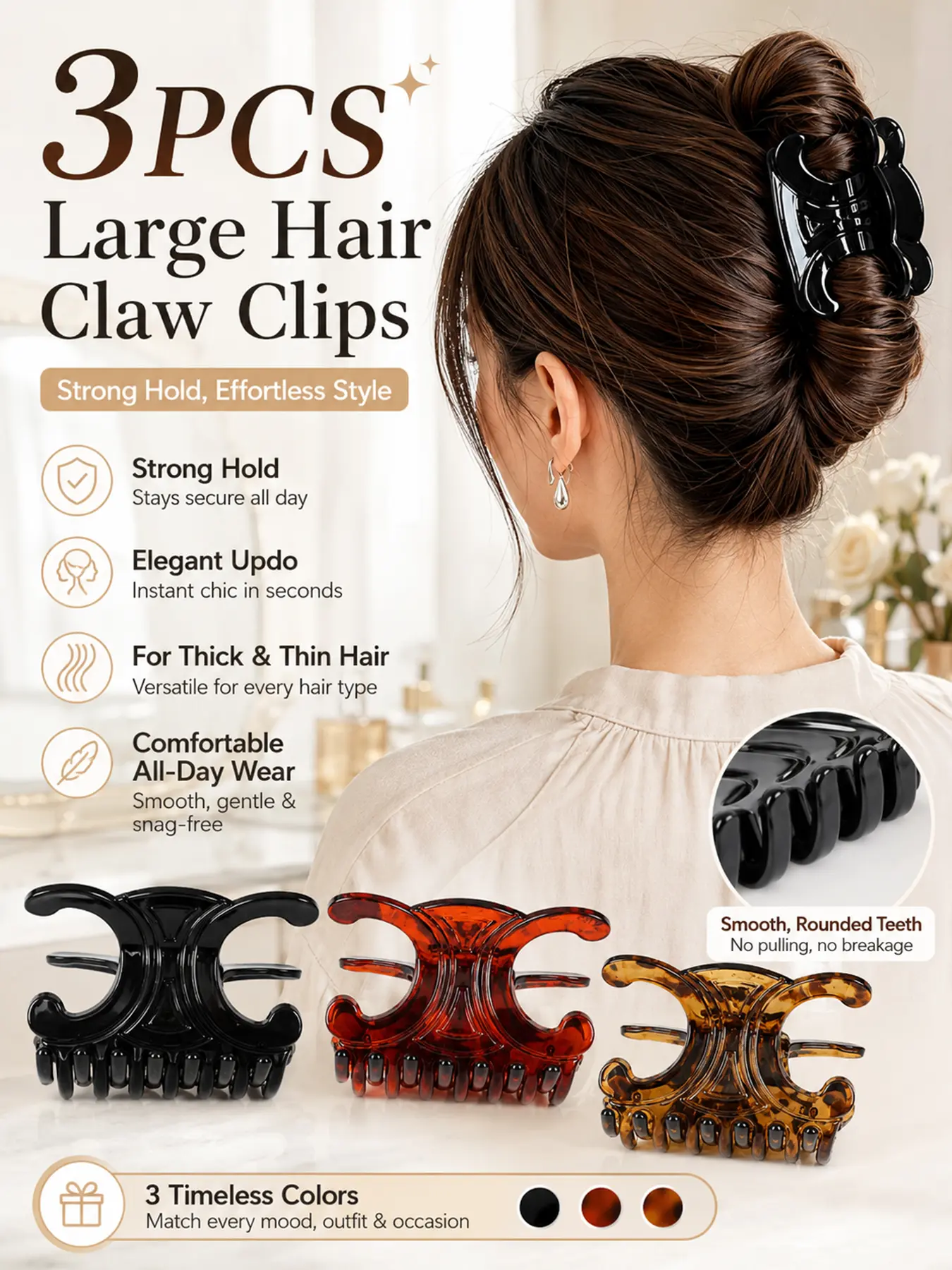 3PCS Large Butterfly Hair Claw Clips Barrettes for Women Girls, Elegant Minimalist Strong Hold Jaw Clips with Smooth Rounded Teeth, Non Slip Hair Clamps for Thick Thin Long Hair, French Twist Updo Bun Ponytail Accessories for Daily Work Party Travel