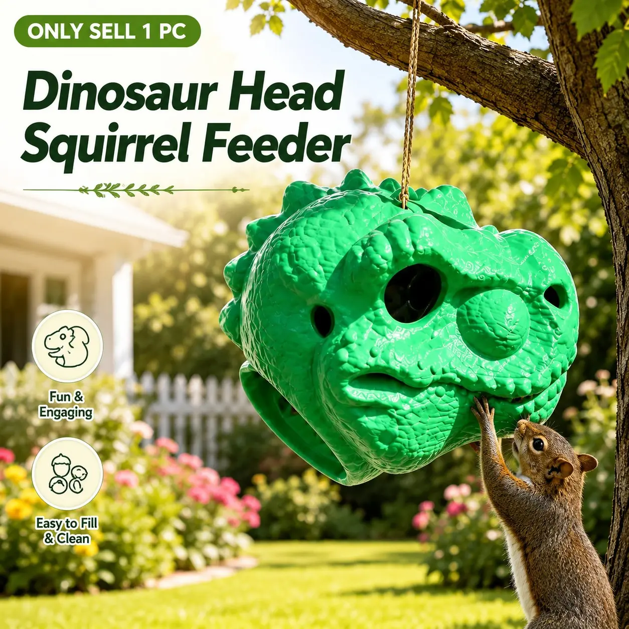 Dinosaur Head Squirrel Feeder, Funny Animal Head Hanging Squirrel Feeders, Backyard Patio Garden Outdoor Yard Decor Box, Holds Peanuts Corn Nuts, Novelty Nut Critter Gag Gifts for Animal Lovers