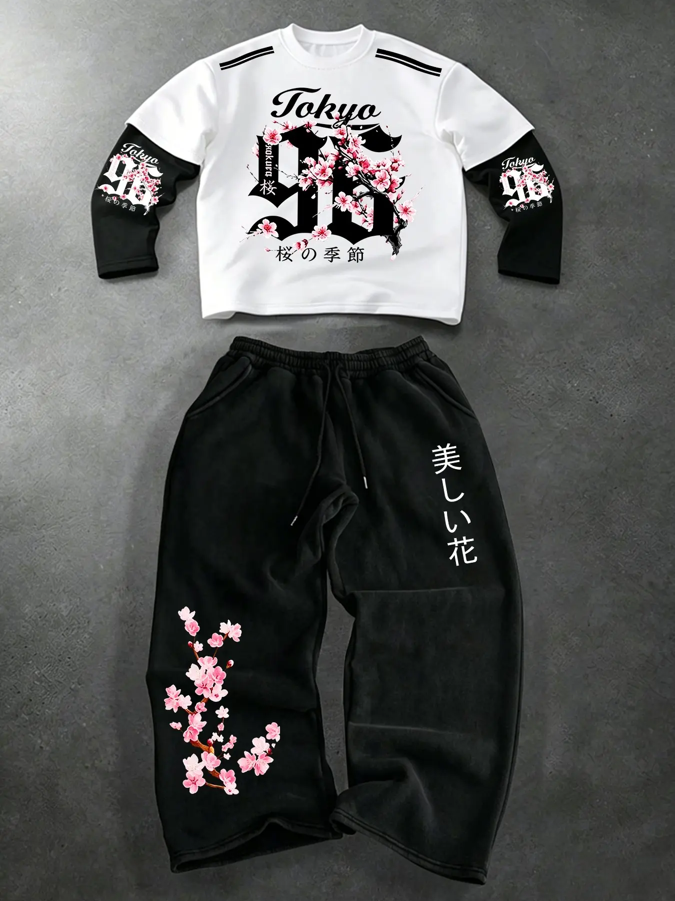 Men’s Tokyo Cherry Blossom Japanese Letter Print Fake Two Piece Long Sleeve Crew Neck Top & Drawstring Wide Leg Pants Set Oriental Street Matching Tracksuit Loose Casual Outfit For Daily Holiday Streetwear#TrendingMens