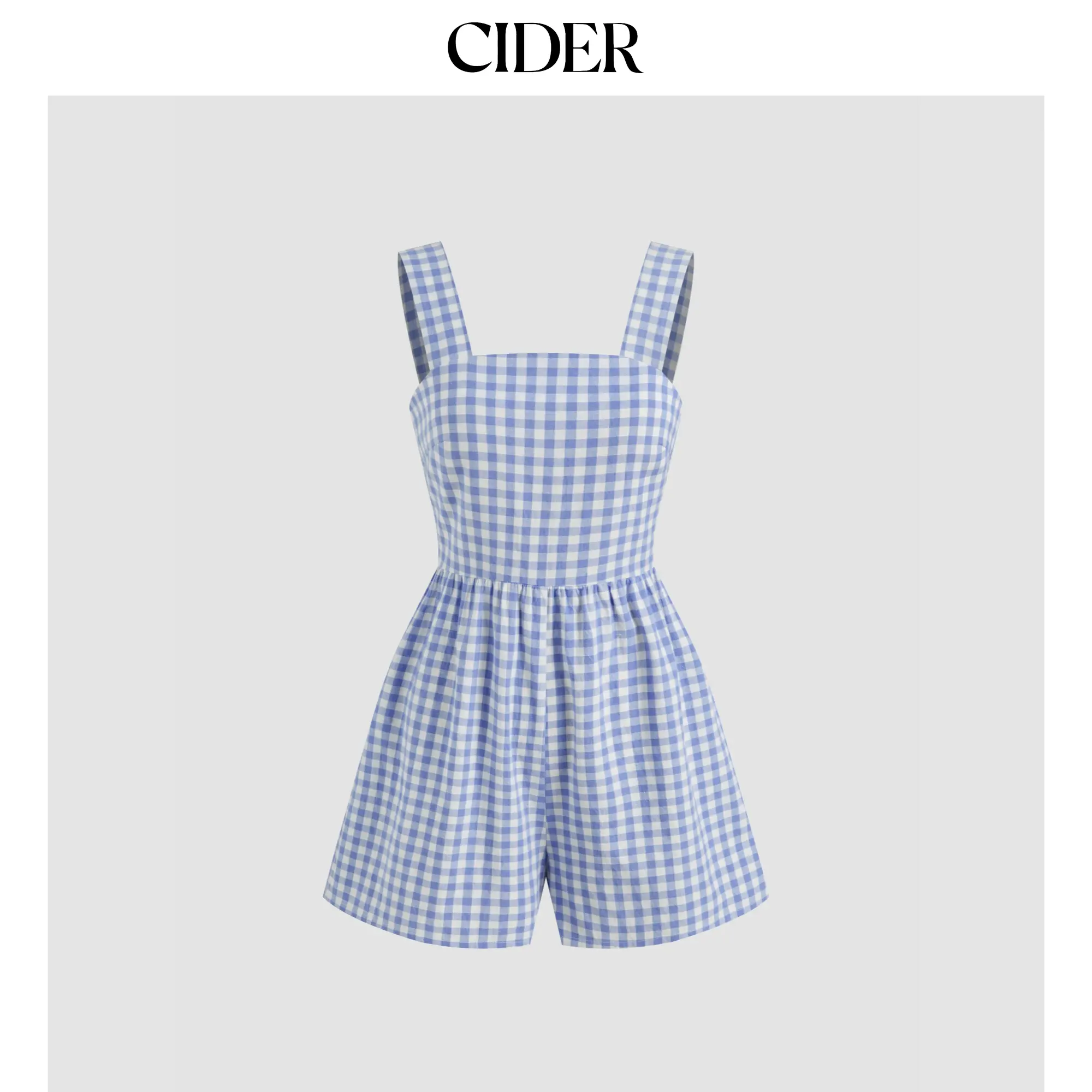 Cider Cotton-blend Square Neck Gingham Bowknot Romper