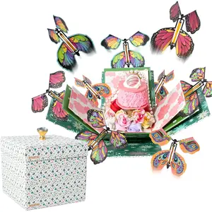 Explosion Fathers Day  Box, Flying Butterfly  Gifts Box, DIY White Included Butterfly Kit and Faux Rose  for Birthday,  Day Gifts & Fathers Day , Weddings, Anniversaries