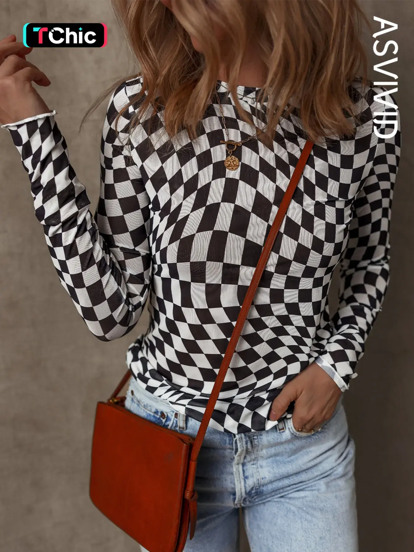 Women's Checkered Stretchy Mesh Mock Neck Long Sleeve Top Shirts, Stylish Fitted for All Season, Ladies Casual Everyday Clothes