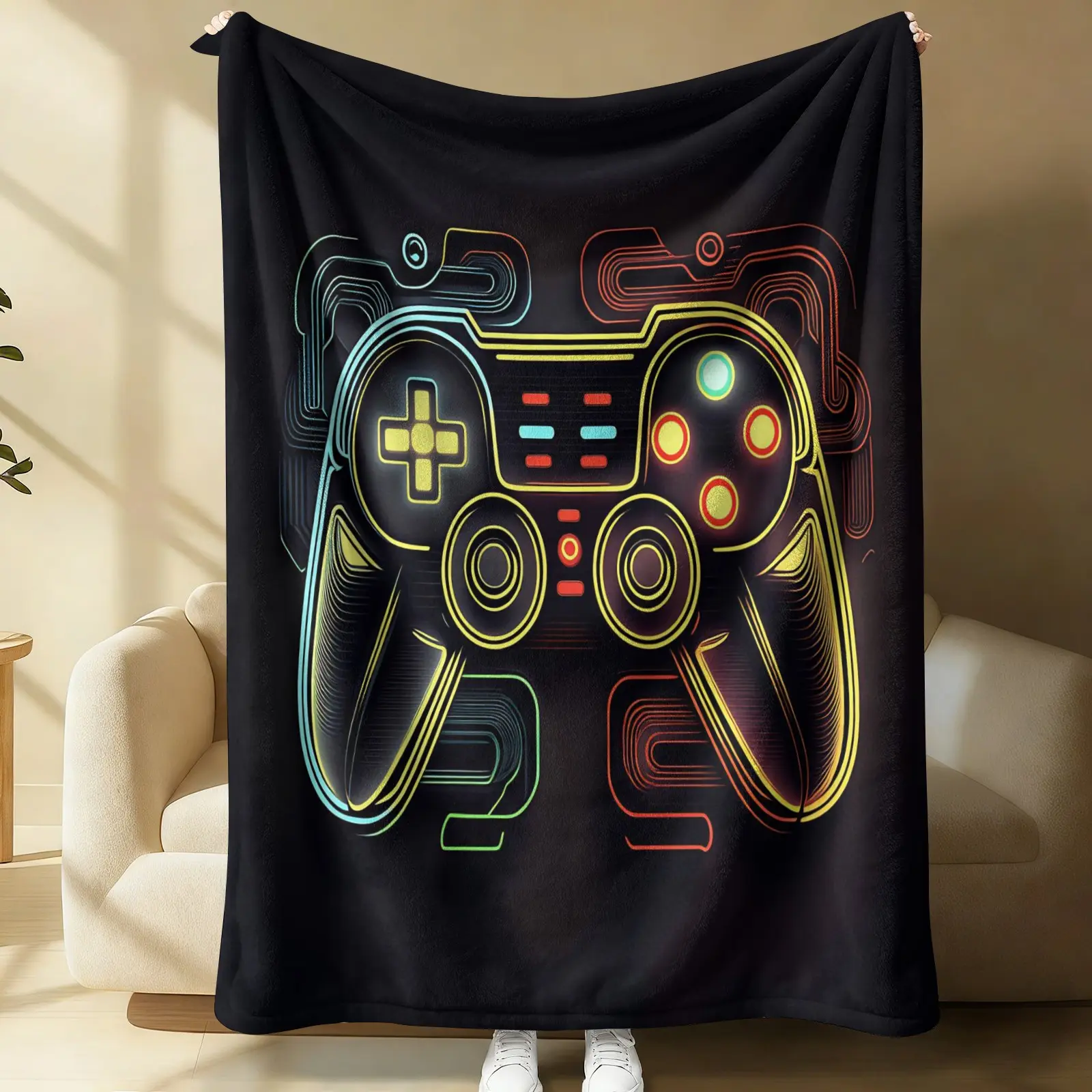 Background Neon Circuit Game Controller Flannel Throw Blanket, Soft Cozy Blanket for Sofa Bedroom, Cyber Esports Gamer Decor Gift